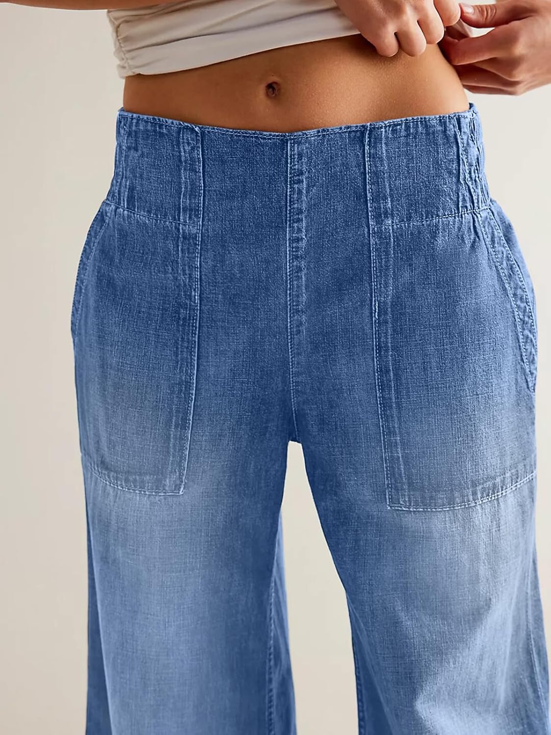 Women's Wide Leg Jeans Soft Baggy Low Mid Rise Elastic Waist Pull On Denim Pants Trendy Y2k