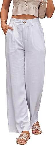 heipeiwa Pantalones de mujer de lino casual de cintura alta de pierna ancha estilo recto de algodón y lino con botones