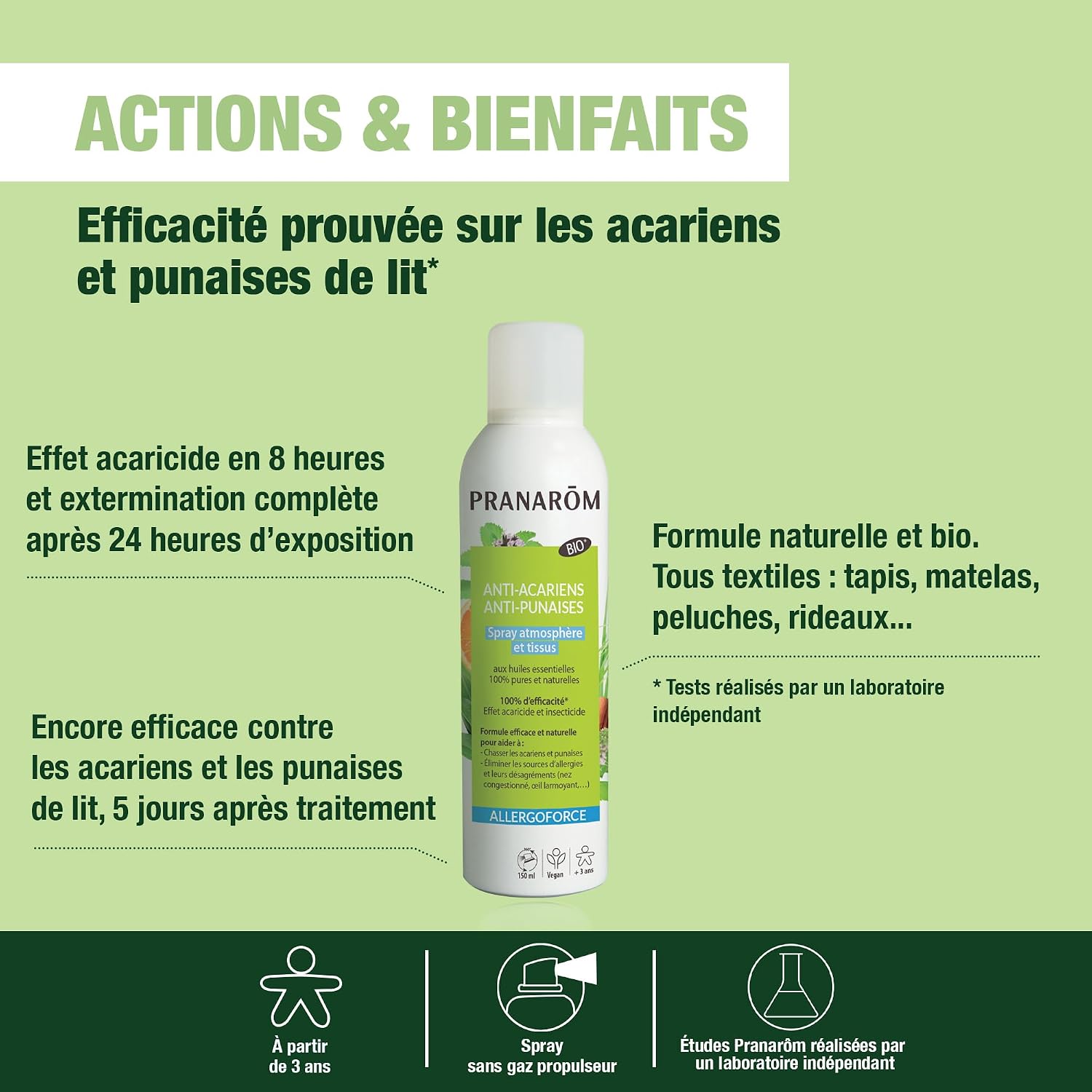 Pranarôm – Spray anti-acariens et punaises de lit ALLERGOFORCE – Efficacité prouvée – Elimine 100% des acariens et punaises de lit - 150 ml (Lot de 2) — vue 3
