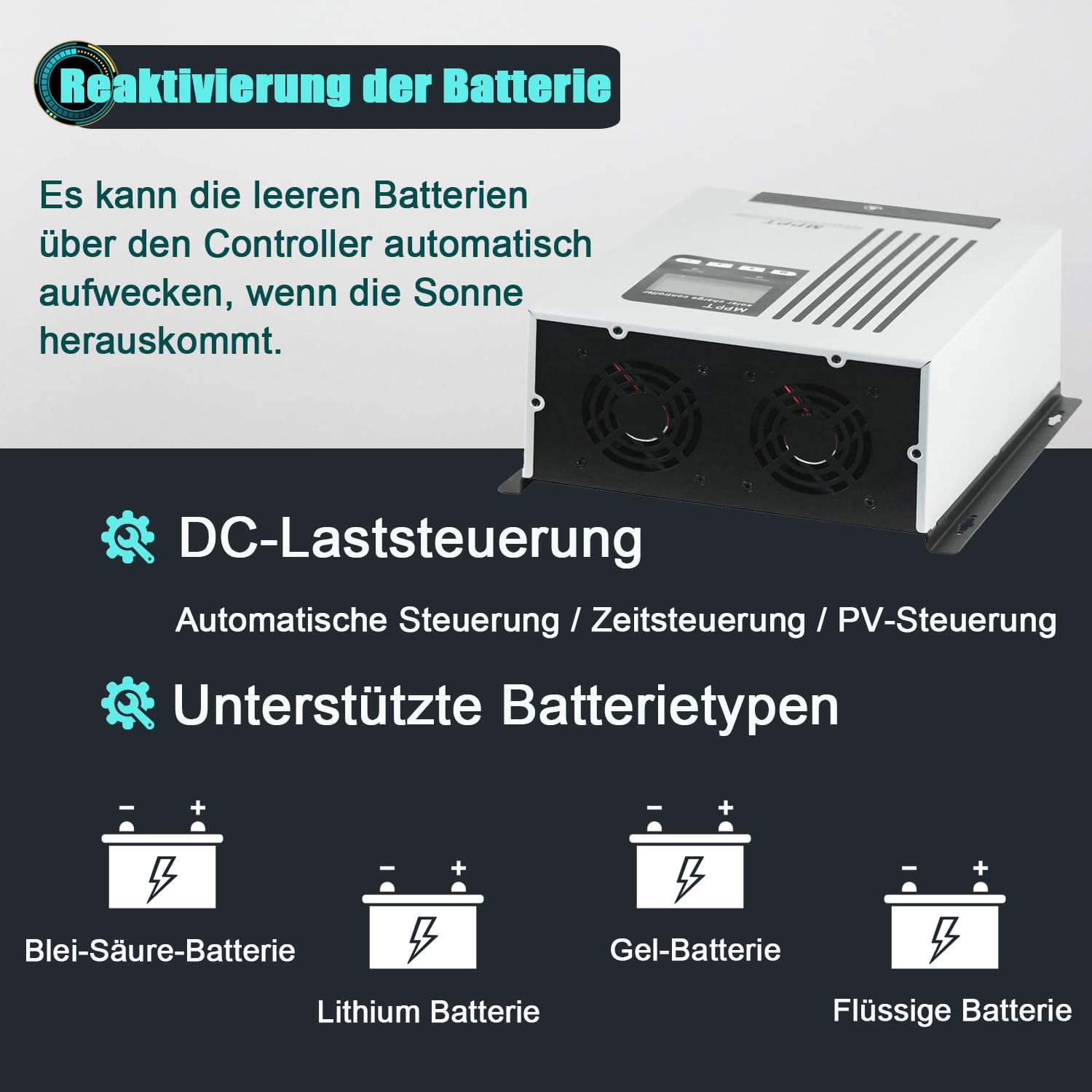 Produktbild von MPPT 120A Solar Laderegler 12V/24V/36V/48V – Mit LCD, USB, Für Blei & Lithium-Akkus