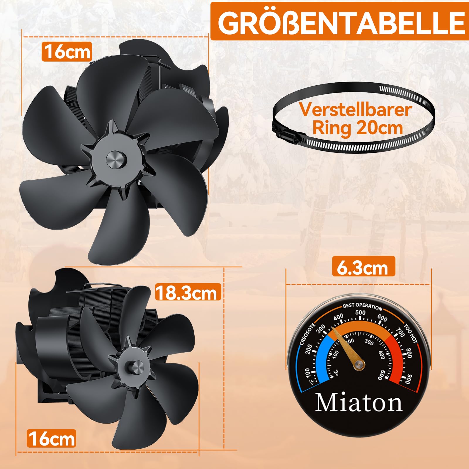 Ventilateur Poele à Bois Magnétique 6 Lames | Ventilateur de Poêle à Granulés et Cheminée avec Moniteur de Température