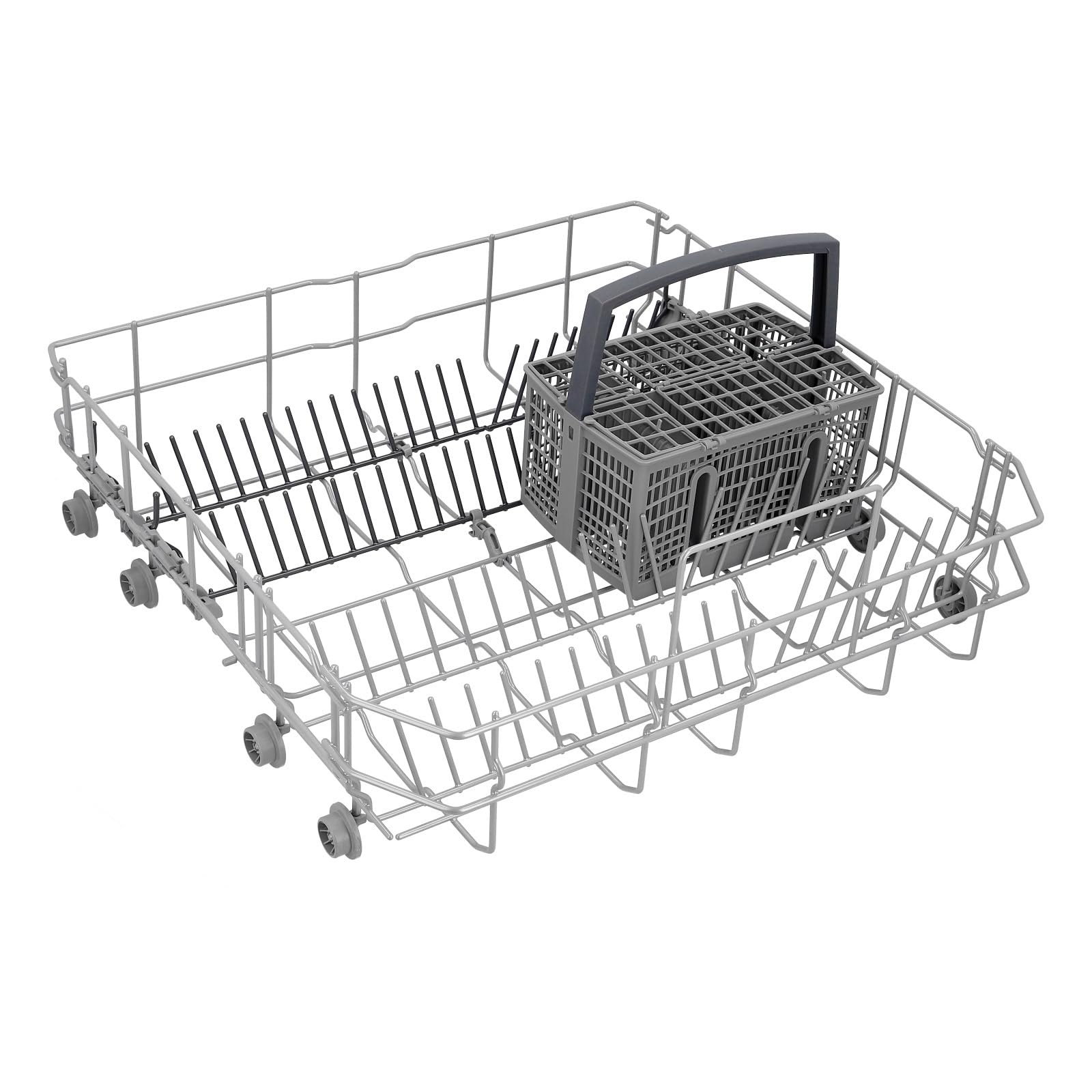 LPPP Cesto inferior compatible con Bosch Siemens lavavajillas 20006942 | Con cestillo para cubiertos, plata, metal, 6 varillas abatibles, sustituye 20002904, 00688642, 528×515×210 mm