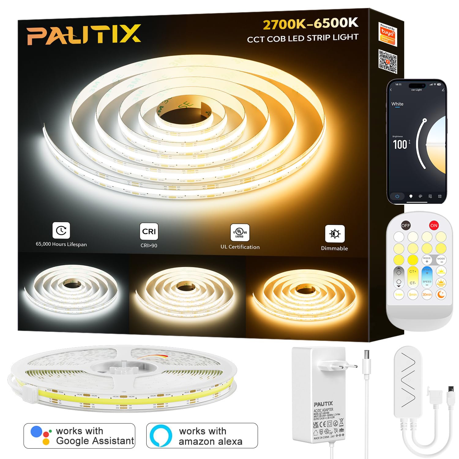 PAUTIX WIFI Smart COB LED Streifen CCT 5M,Abstimmbares Weiß 2700K-6500K LED Band,24V LED Strip Light Funktioniert mit Alexa/Google Assistent und Netzteil für Küchenschrank,Zimmer,Fernseher