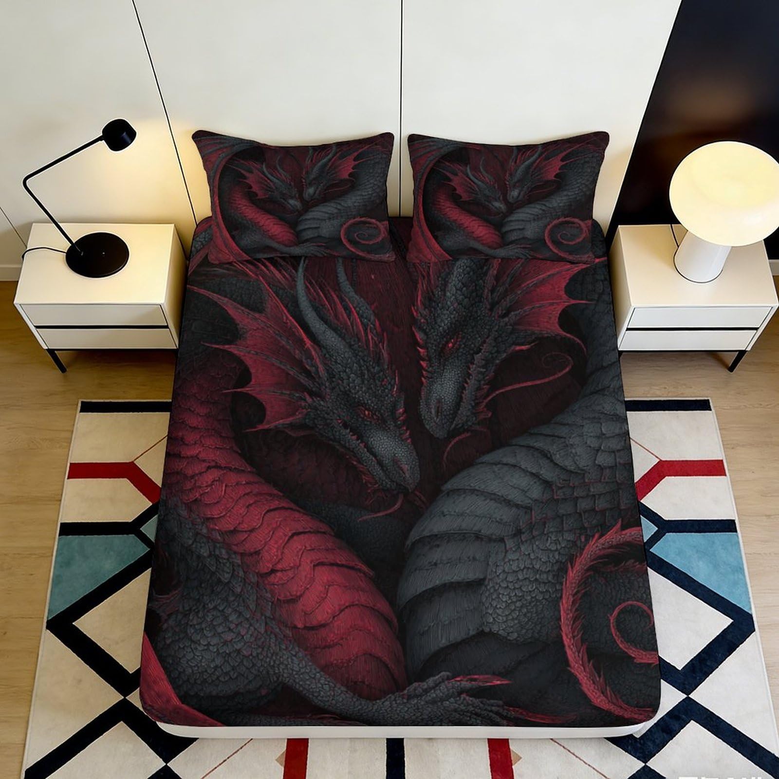 3D Printed Red Dragon Fitted Sheet Microfiber Soft Non-Slip Black Dragon Mattress Cover for Bedroom Dorm Easy Care 180x200x25cm