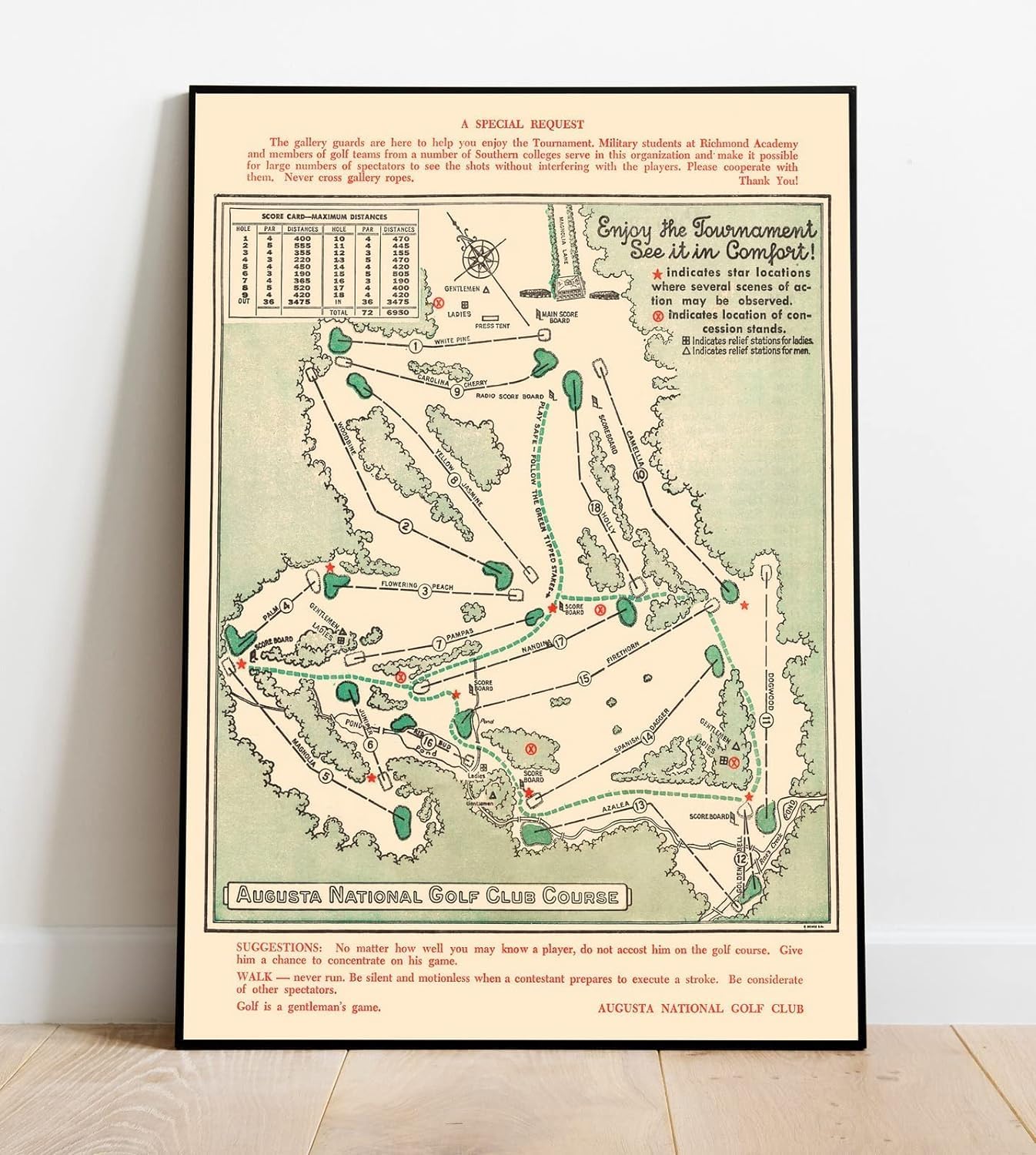 Historic Pictoric Augusta National Golf Club Course Map 1954 - Antique Golf Course Print - Ready To Hang Vintage Wall Art (11in x 14in Wood Mount)