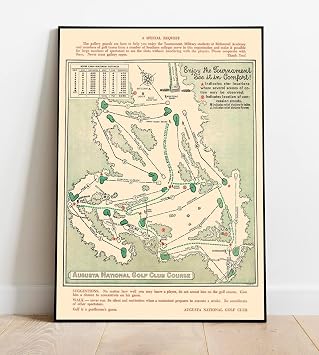 Historic Pictoric Augusta National Golf Club Course Map 1954 - Antique Golf Course Print - Ready To Hang Vintage Wall Art (11in x 14in Wood Mount)