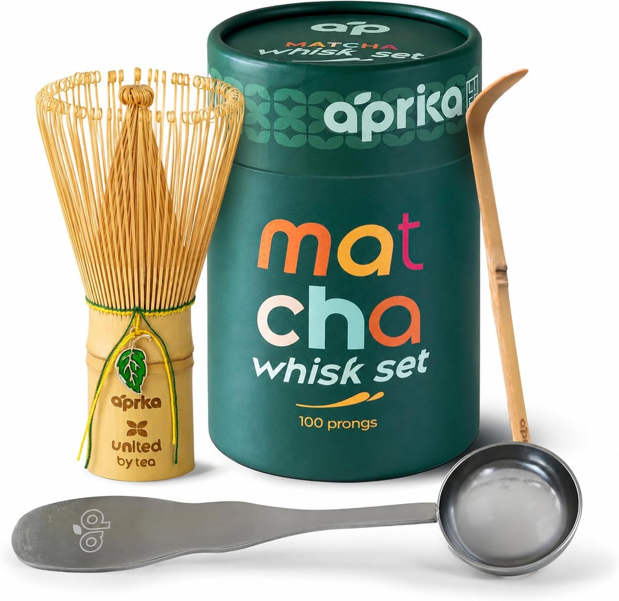 AprikaLife – Matcha Bamboo Whisk Set, Traditional Handmade Starter Kit Included Whisk (Chasen) with 100 Prongs, Scoop (Chashaku), Spoon – Premium Gift Box, ALWS-01