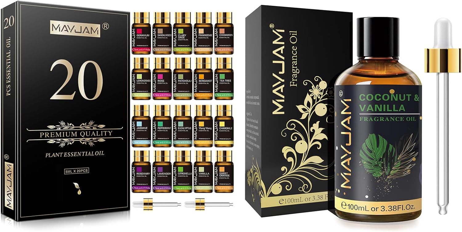 MAYJAM 20PCS Essential Oils Set and 100ML Coconut Vanilla Fragrance Oil
