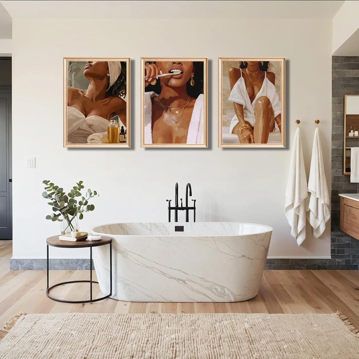 VONFRAENIT 3 Pcs Fashion Black Girl Bathroom Wall Art African American Women Painting Funky Girl Room Wall Decor Pictures for Powder Room Restroom Dorm Bathroom Apartment Decorations Unframed