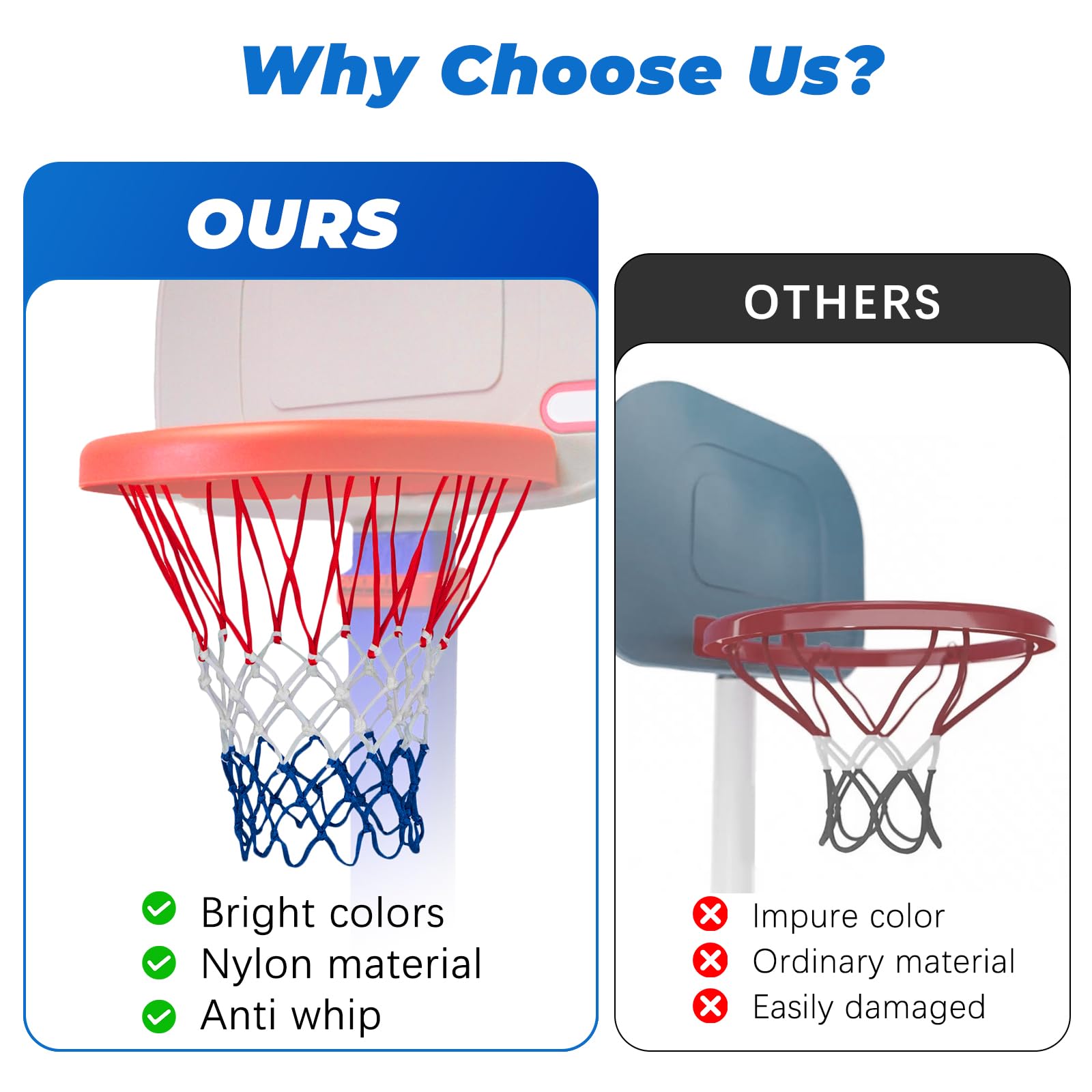 Basketballnetz, kompatibel mit Little Tikes, professioneller, robuster Basketballnetz-Ersatz, geeignet für Standard-Basketballkörbe, Weiß, Rot, Blau