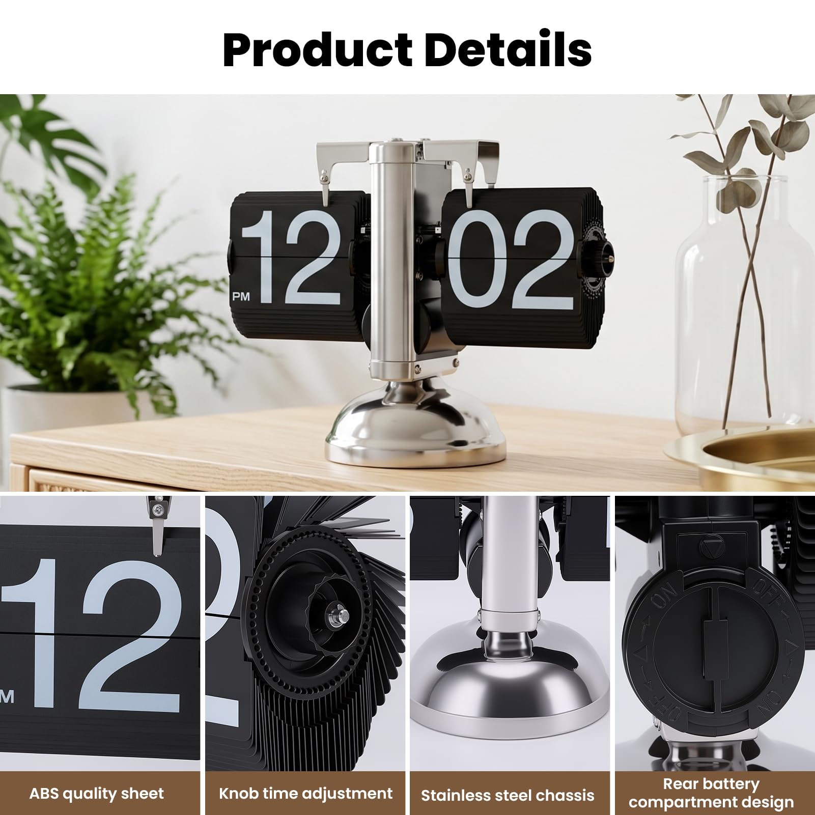 VINGVO Reloj digital retro abatible, reloj de escritorio abatible, funciona con pilas, relojes de tiempo internos que funcionan con engranajes, relojes mecánicos para decoración del hogar, habitación
