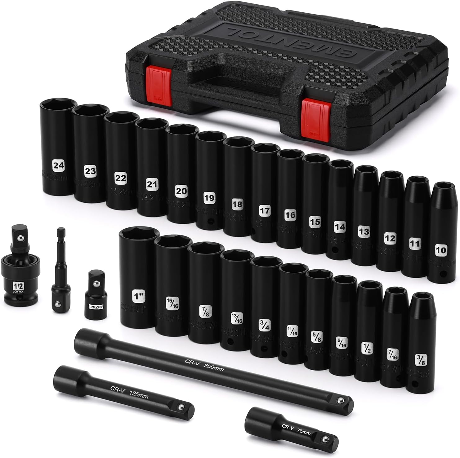 EMENTOL 1/2" Drive Socket Set, 32-Piece Deep Impact Sockets, SAE(3/8"-1") & Metric(10-24mm), Including Extension Bars, Universal Joint, Drill&Socket Adapter, Cr-V Steel