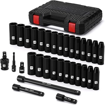 EMENTOL 1/2" Drive Socket Set, 32-Piece Deep Impact Sockets, SAE3/8"-1" & Metric10-24mm, Including Extension Bars, Universal Joint, Drill&Socket Adapter, Cr-V Steel