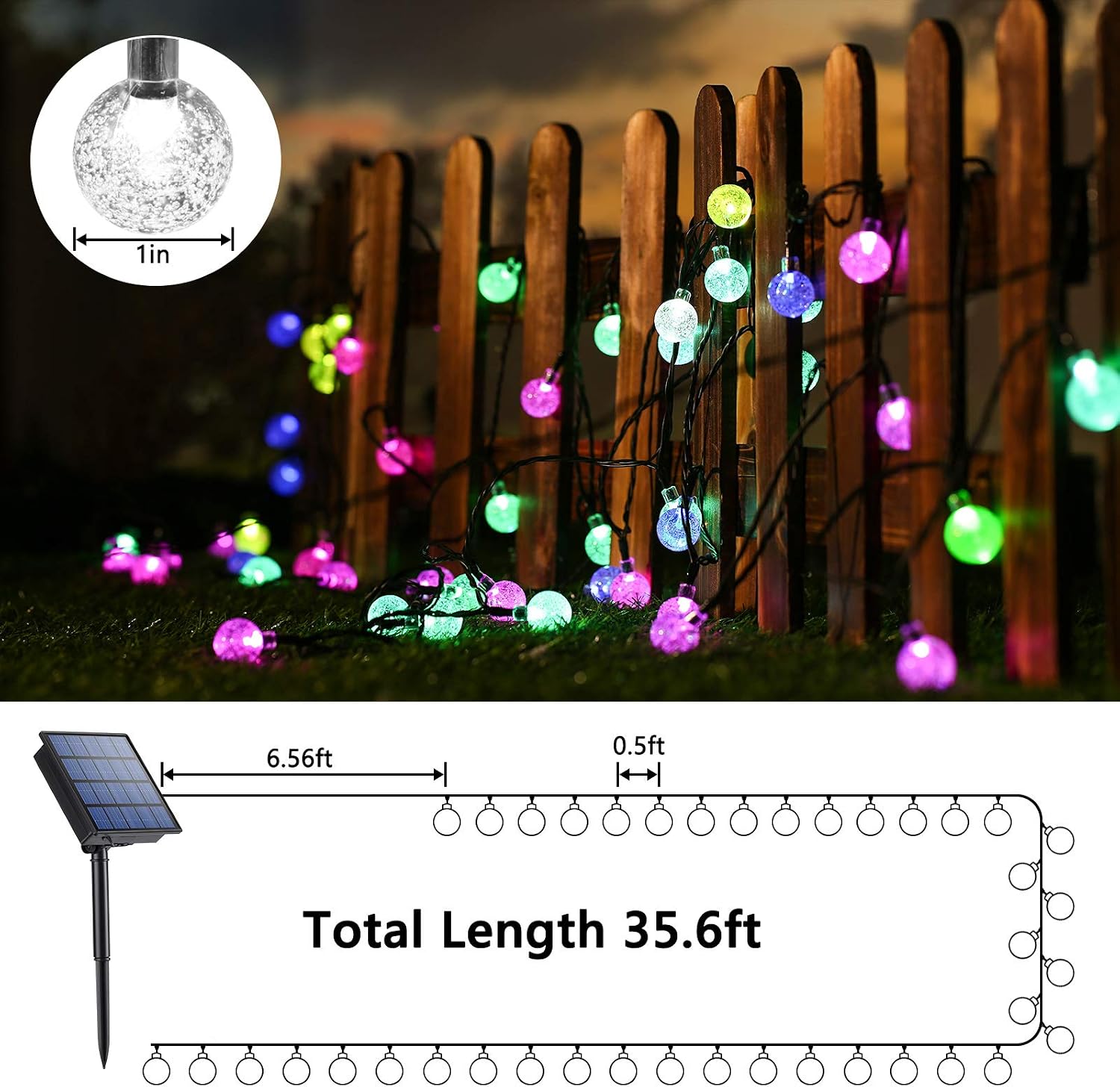 Toodour Globe Solar String Lights, 16 Colors 36Ft 60 LED Outdoor String Lights, Waterproof Crystal Ball Solar Patio Lights, Solar Fairy Lights for Gazebo, Patio, Garden, Yard, Easter Decor (RGB)