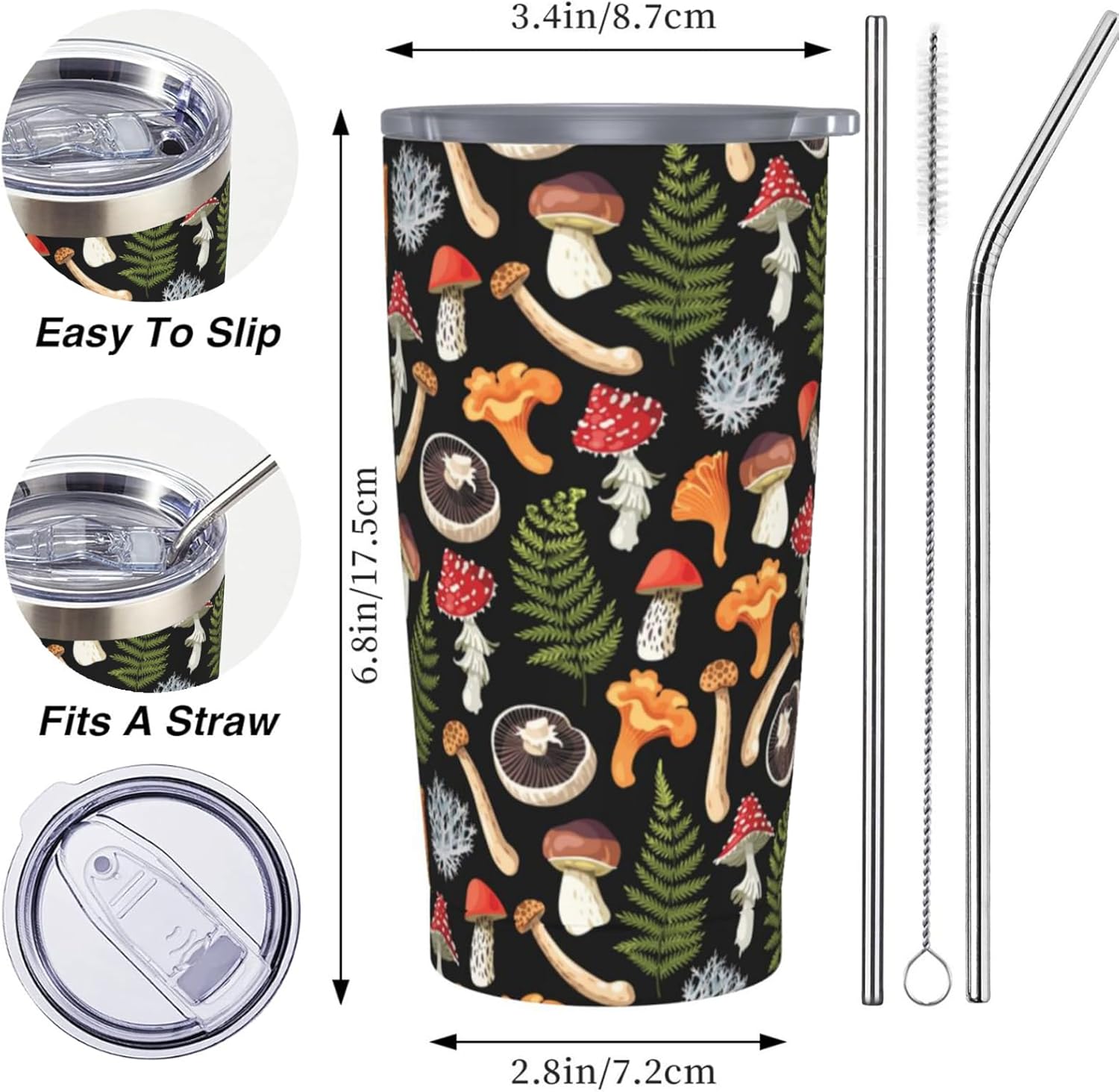 Yobvec Mushroom Tumbler Cup with Lid and Straw, 20 Oz Stainless Steel Insulated Cute Mushroom Mug, Mushroom Gifts for Men Women - Image 6