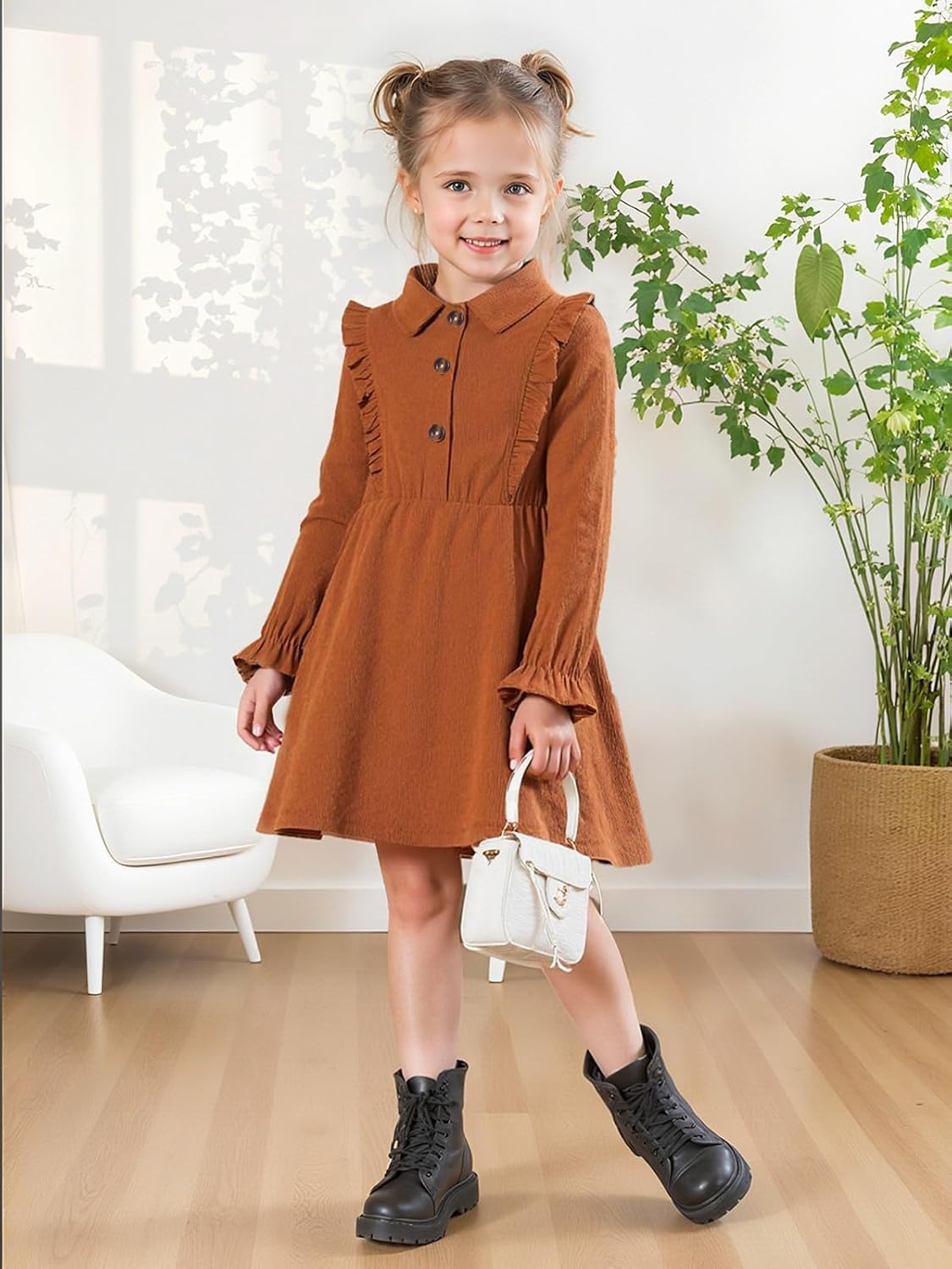 Vieille Toddler Long Sleeve Dress Girl Ruffle Fall Dress Kids Solid Casual Outfits 2-6T - Image 3
