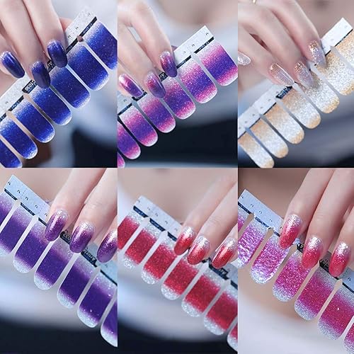 Miniatura 5 de 14 hojas de calcomanías de uñas con purpurina degradada, brillo de color, calcomanías de esmalte de tiras autoasivas para mujeres y niñas