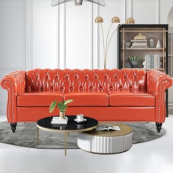 Orange Faux Leather 3-Seater Couch, 84in Sofas for Living Room, Bedroom, Office, with Rolled Arm, Deep Seating and Buttoned Classic Chesterfield Sofa