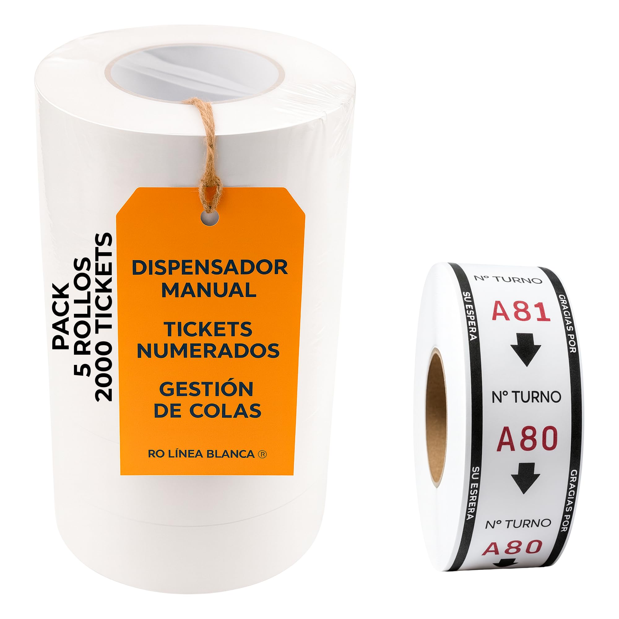 RO Linea Blanca ® Pack 5 Rollos Su Turno 2000 Tickets Blanco Numerados 3 Digitos Compatible Dispensador Manual Ideal Gestión Colas Comercio Hosteleria Farmacia Carnicería Panaderia España
