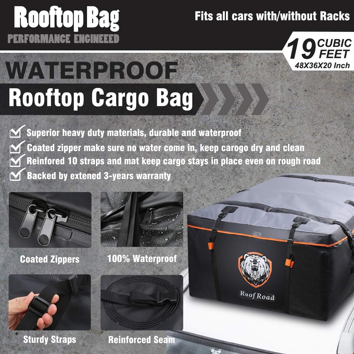 Waterproof 19 Cubic Feet Rooftop Cargo Carrier PRO - Heavy Duty Roof Top Luggage Storage Bag with Anti-slip Mat + 10 Reinforced Straps & Door Hooks - Perfect for Car, Truck, SUV With/Without Rack : Automotive