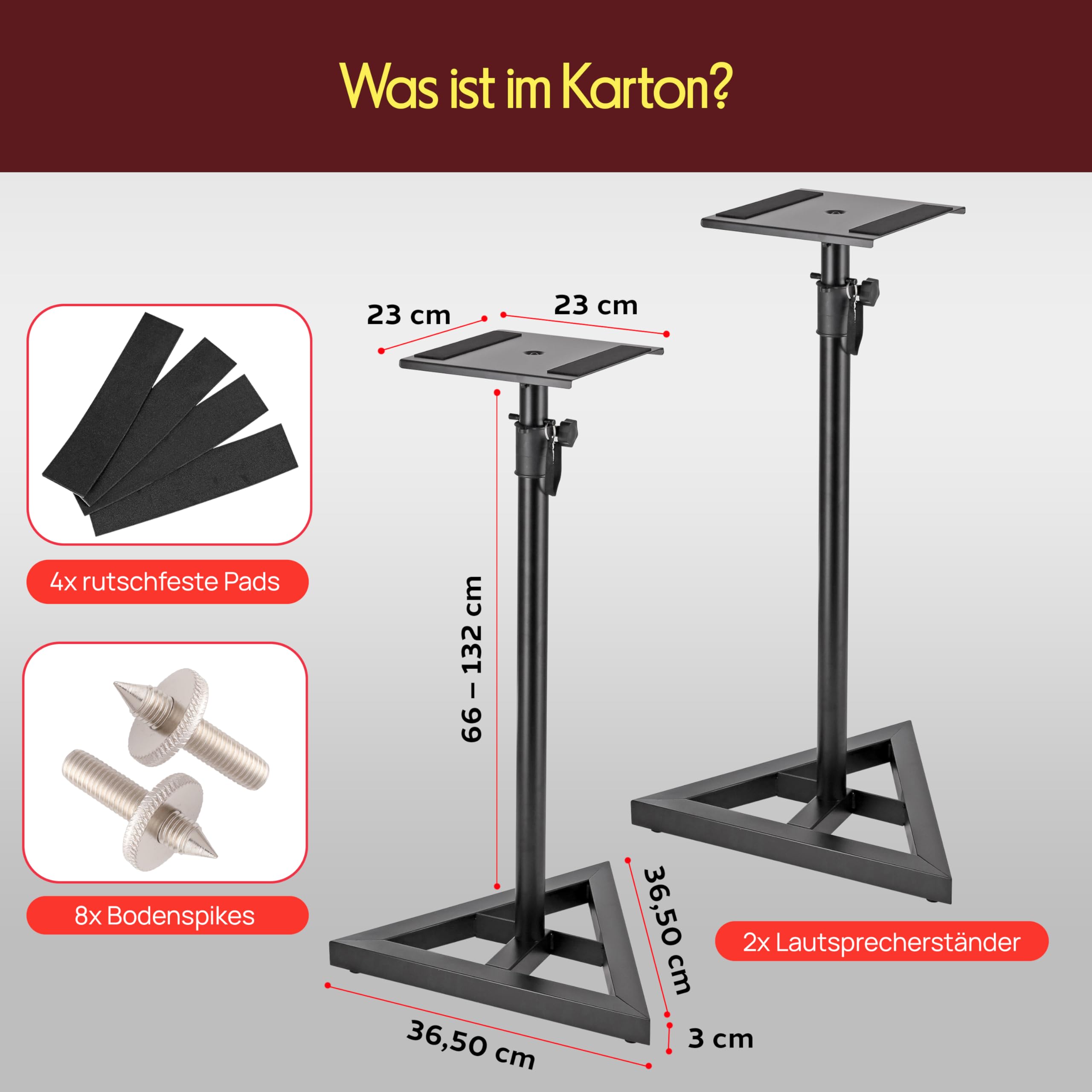 Pyle Lautsprecherständer, Boxenständer Höhenverstellbar 66-132cm, Universelles Boxenstativ, Lautsprecher, speaker stands, Stabile Dreiecksbasis Bodenspikes, Studio Monitor Ständer, Belastbar 40kg,Pair