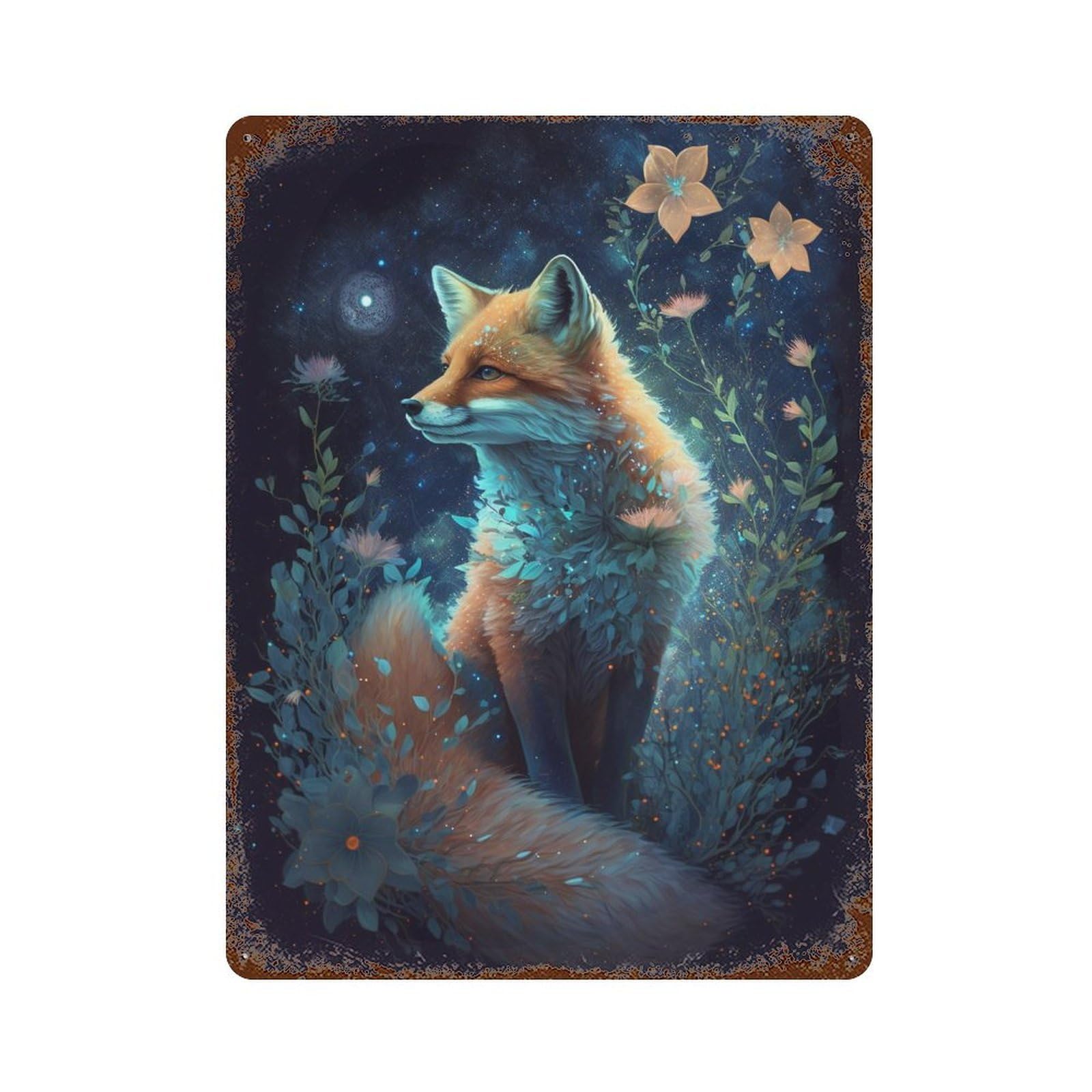 Magical Fox with Flowers Retro Metal Sign 15.7"x11.8", Novelty Wall Decor for Farmhouse, Kitchen And Entryway Decor