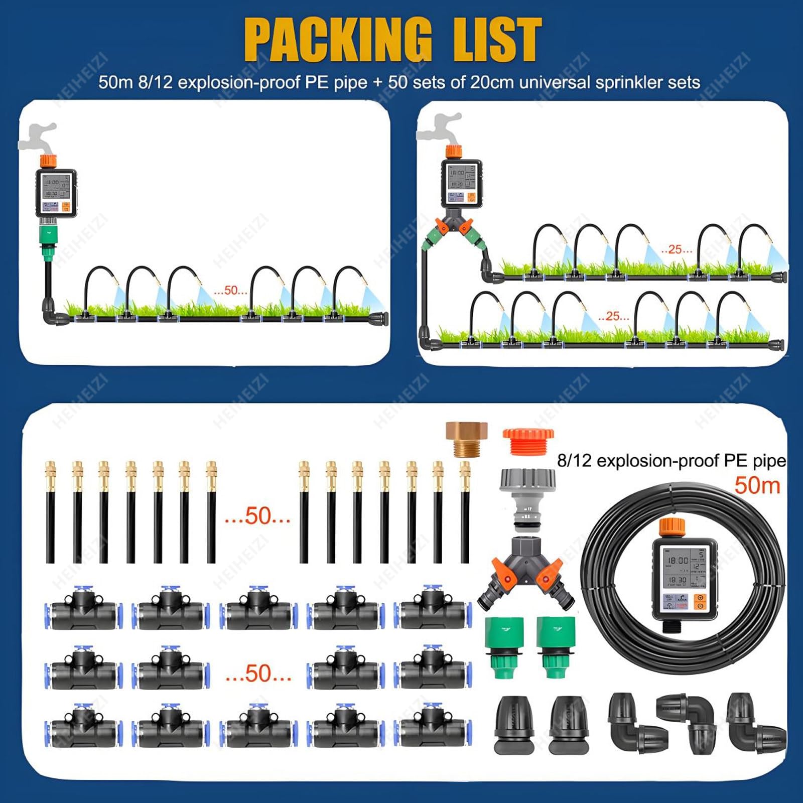 Kit de Micro-Irrigation Goutte-à-Goutte Pour Serre,Système D'arrosage Automatique Par Brumisation Pour Terrasse,Avec Adaptateur de Robinet Double 1/2" Et 3/4" et Buse en Laiton Réglable,50m/164ft