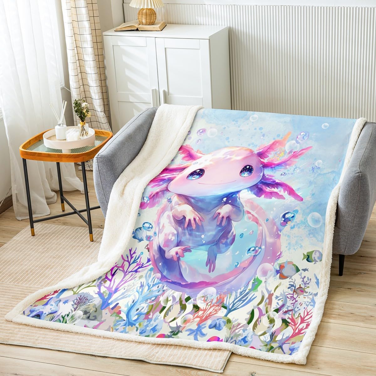 Feelyou Boys Girls Cute Axolotl Fleece Throw Blanket Ocean Sealife Plush Blanket for Bed Sofa Couch Kids Kawaii Sherpa Blanket Cartoon Salamander Teens Fuzzy Blanket Bedroom Decor Twin 60"x80"