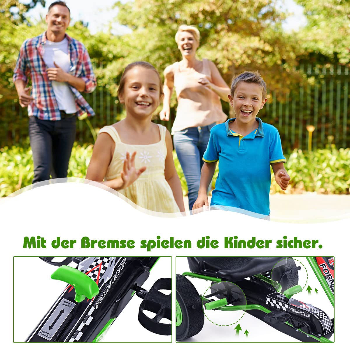 GOPLUS Gokart ab 3 Jahre, Go Kart mit verstellbarem Sitz, Vor- und Rückwärtsgang, Tretauto mit Gummi Räder, Flexible Kupplung und Handbremse, Kinderfahrzeug für Kinder 3-8 Jahren (Grün)