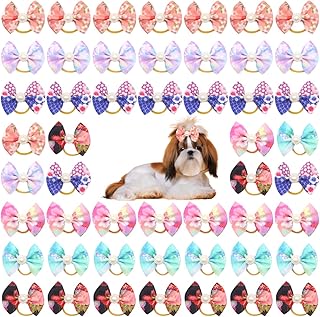 Petunny Dog Hair Bows,60Pcs Flowers Dog Hair Bowknot Dog Bows with Rubber Bands Pet Dog Grooming Bows for Dog Hair Accessories (Random Color)