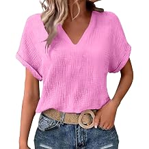 Womens Summer Gauze Blouses Crinkle Texture V Neck Short Sleeve Pullover Shirts Solid Color Work Camping Outfits Top