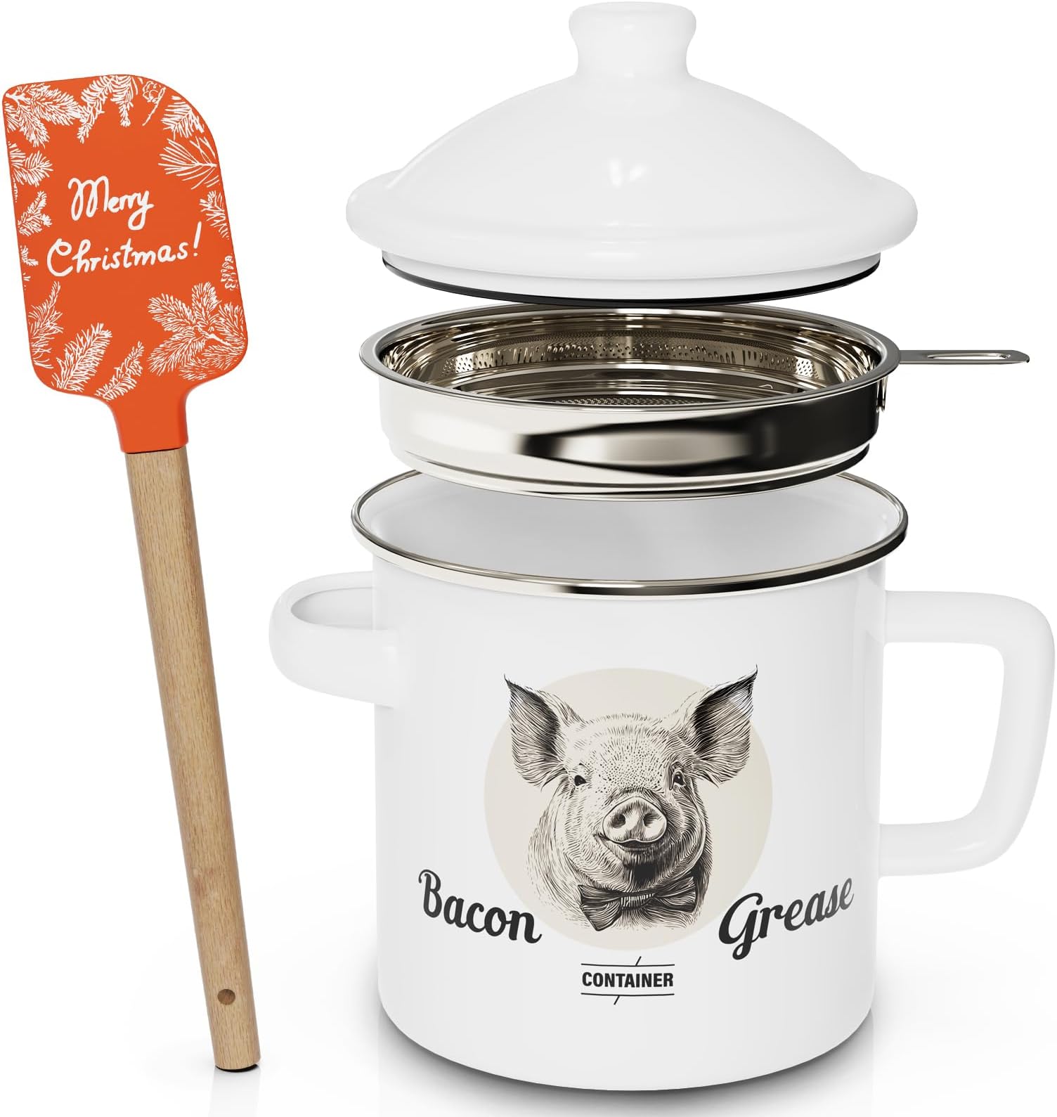PGYARD Bacon Grease Container With Strainer, 46OZ Large Enamel Grease Container, With Silicone Spatula, Farmhouse Bacon Grease Keeper-White