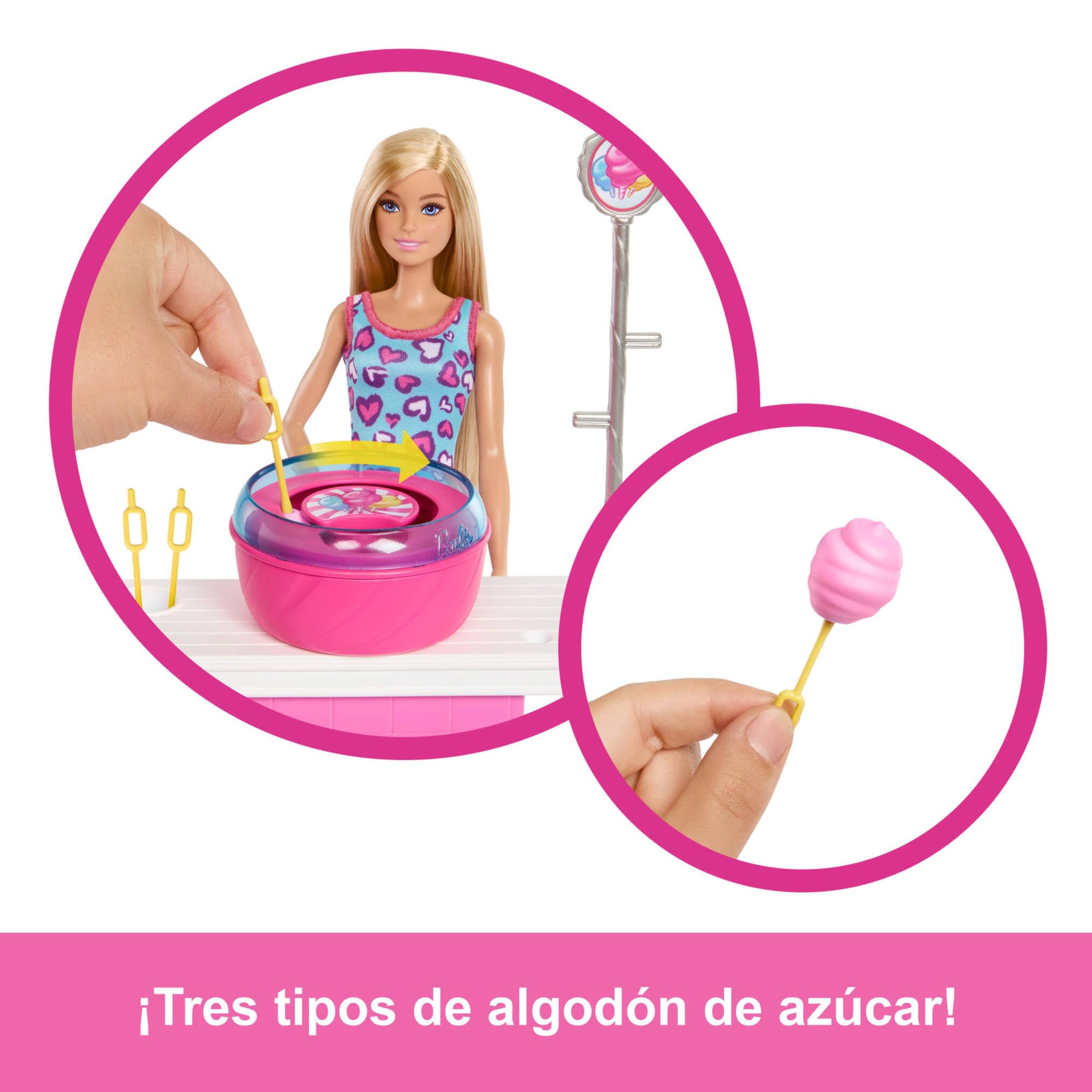 Barbie Mysteries: Beach Detectives Barbie Malibu Conjunto de juego con muñeca y puesto de juegos con algodón de azúcar, con 20 accesorios, incluidos premios, JFV67