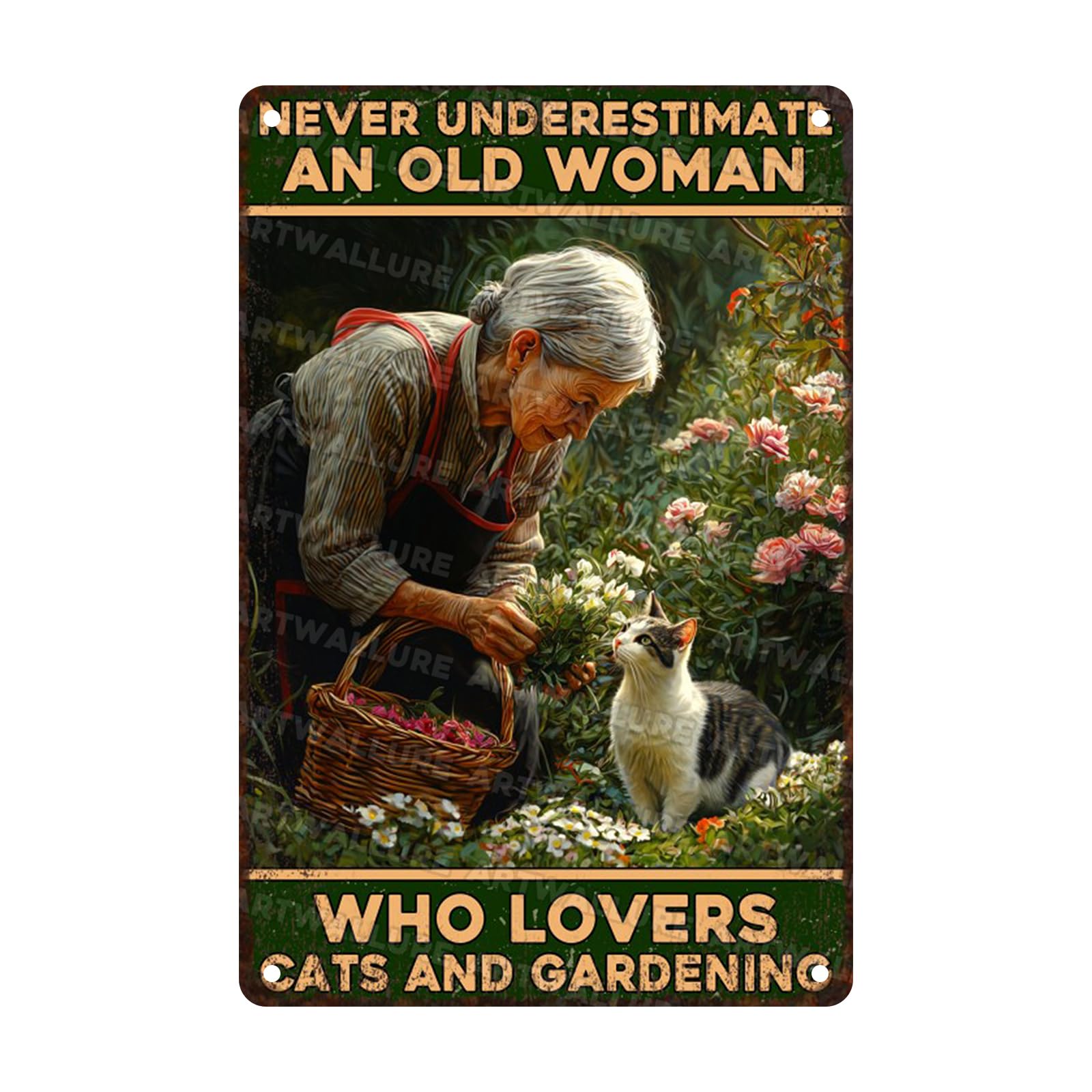 Gardening Cat Lover Metal Tin Sign Rustic Wall Decor Vintage Never Underestimate A Gardener With Cats Quote 8x12inch