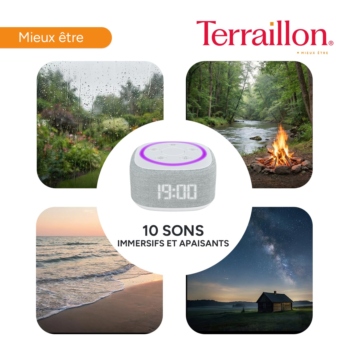 TERRAILLON - ZEN RISE - Aide à l'endormissement et relaxation, Réveil et simulateur d'aube, 10 ambiance sonores et 4 modes lumineux, Prog 10/30/60 min, Bluetooth, USB-C