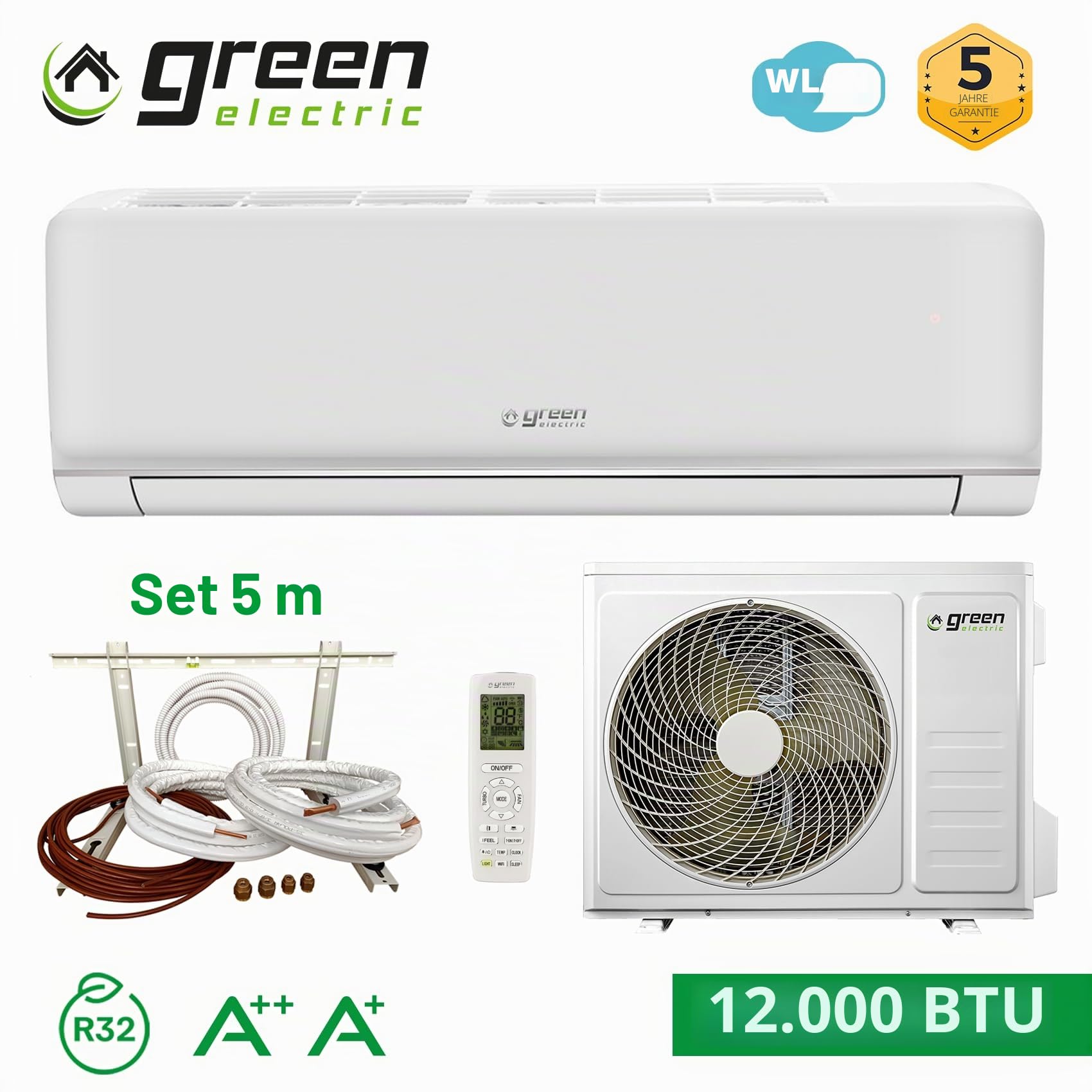Plus Klimagerät Mono Split 12000 BTU WiFi Energieeffizient A++/A+ 3,5 kW R32 mit Installationsset 5 Meter, Inneneinheit und Außeneinheit
