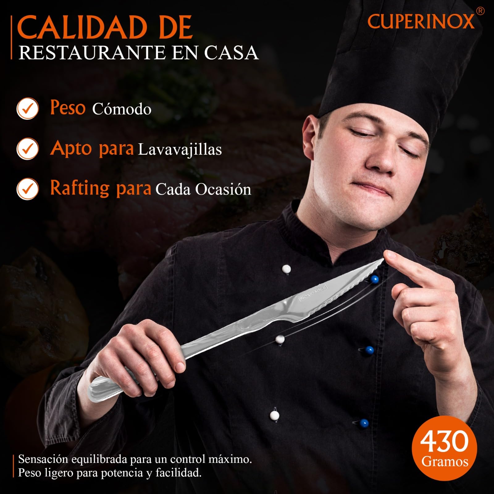 Cuchillos de Mesa Acero Inoxidable – Set 12 Cuchillos para Carne con Filo Dentado – Aptos Lavavajillas – Uso Diario y Profesional