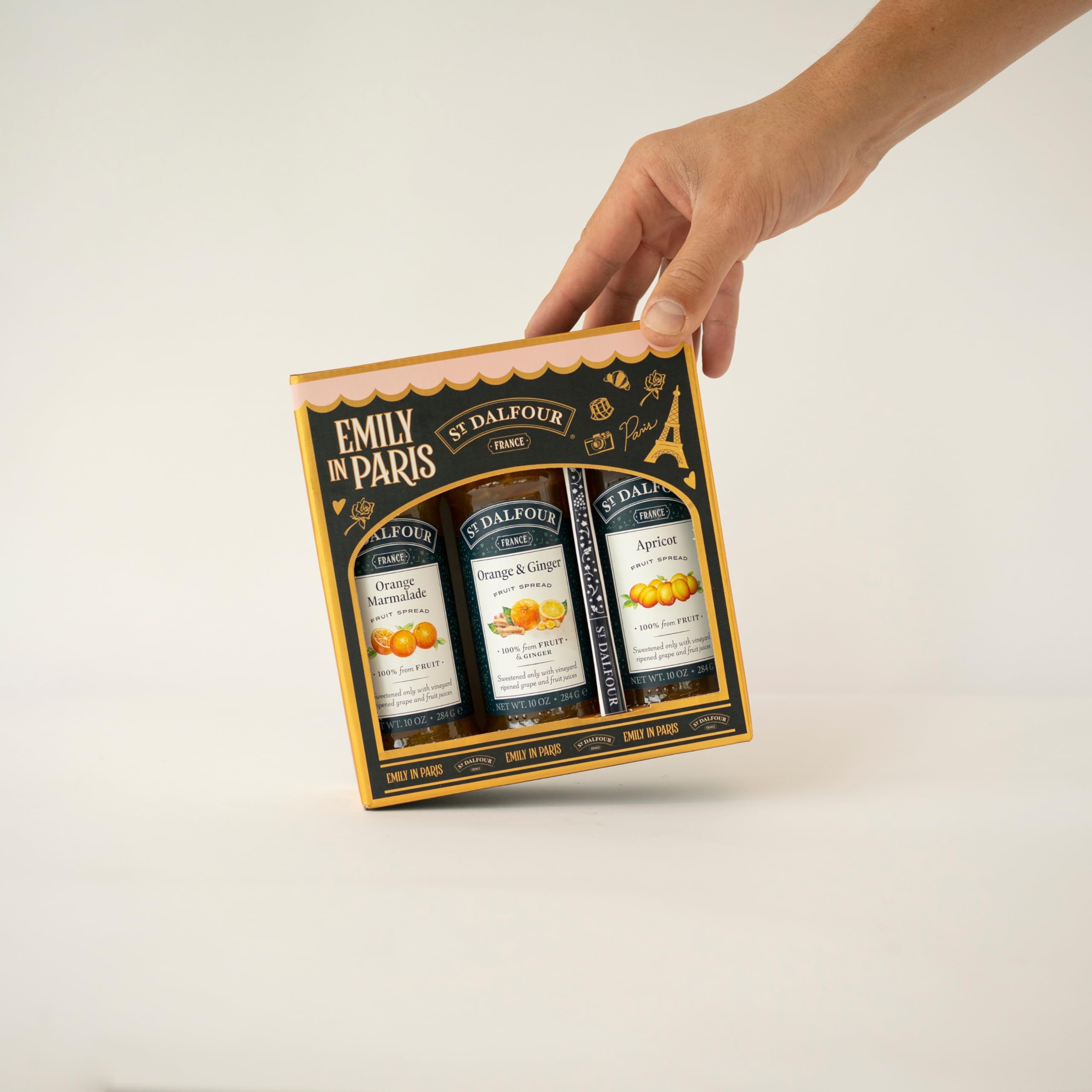 St. Dalfour Confezione Regalo – Edizione Emily in Paris – 100% frutta, senza zuccheri aggiunti, senza glutine – 3x284g (Fragola/Lampone/Ciliegie) (Arancia, Arancia-Zenzero, Albicocca) - 4