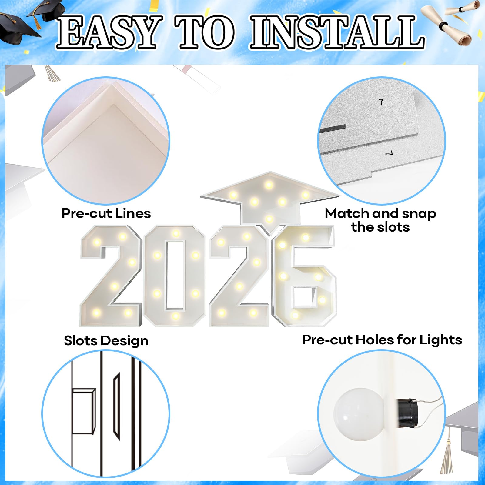 Marquesina de números iluminados 2026 de 3 pies para decoraciones de graduación con gorra de graduación, número de mosaico grande blanco con luces, marco de cartón precortado para fiesta de graduación