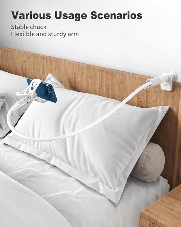 SAIJI Gooseneck Cell Phone Holder, Clamp Universal Lazy Mount Clip Hands Free Flexible Long Arm Bracket Grip for 4-7 Phones Mobile Stand Baby Monitor for Desk, Bed, Office, Kitchen (White) by SAIJI - Image 3