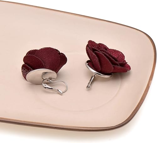 Miniatura 3 de Joseph Brother Big Rose Flowers Earrings for Women Leverbacks, Wine Red