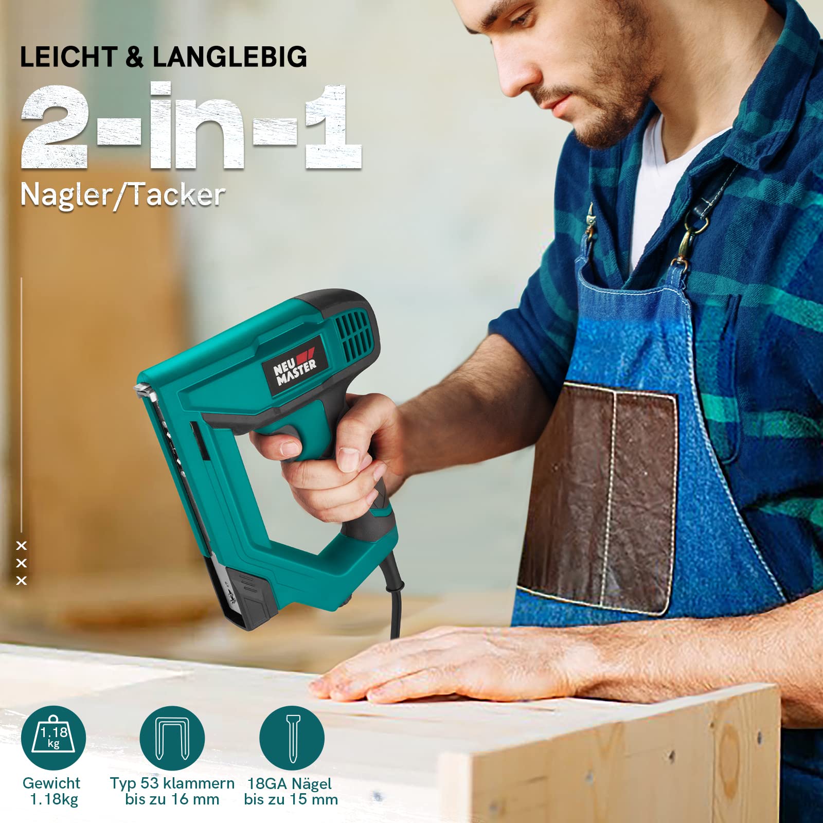 NEU MASTER Elektrotacker, Nagelpistole NTC0060 Elektrische Brad Nailer/Tacker für DIY-Projekte in den Bereichen Polsterung, Zimmerei und Holzbearbeitung, einschließlich 400 Klammern und 200 Nägel