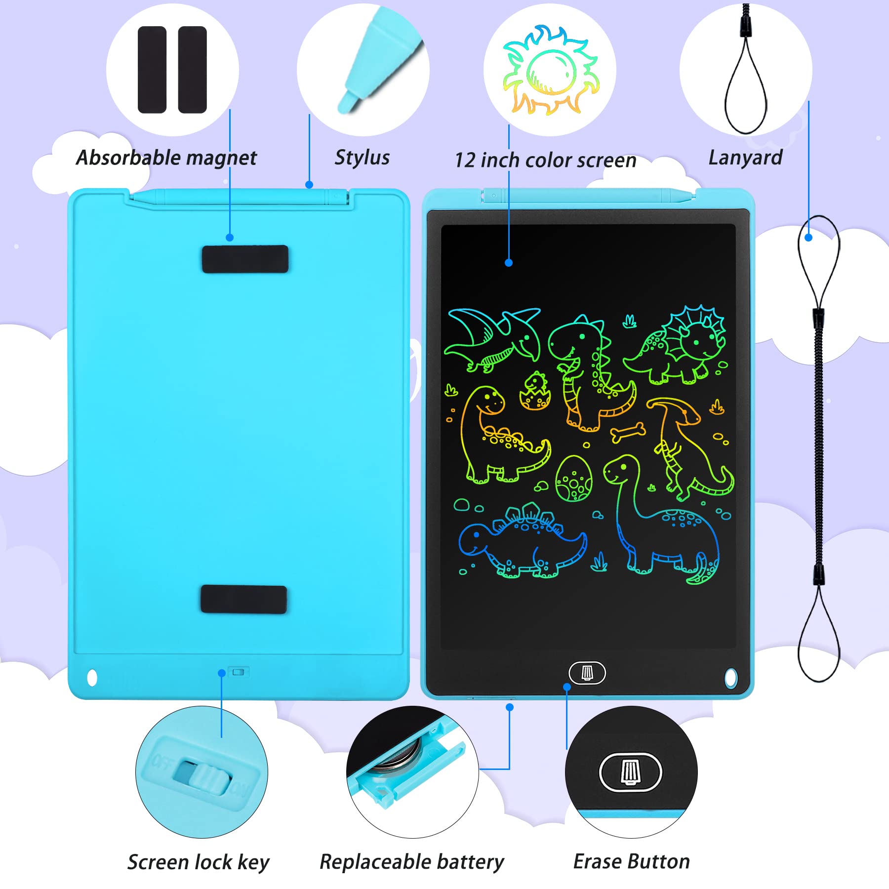 KidsPark Tavoletta da Scrittura LCD Tavoletta Grafica Colorata da 12 Pollici per Bambini, Tavolo da Disegno Cancellabile Portatile, Blocco da Disegno Giocattoli Educativi per Ragazzi e Ragazze, Blu