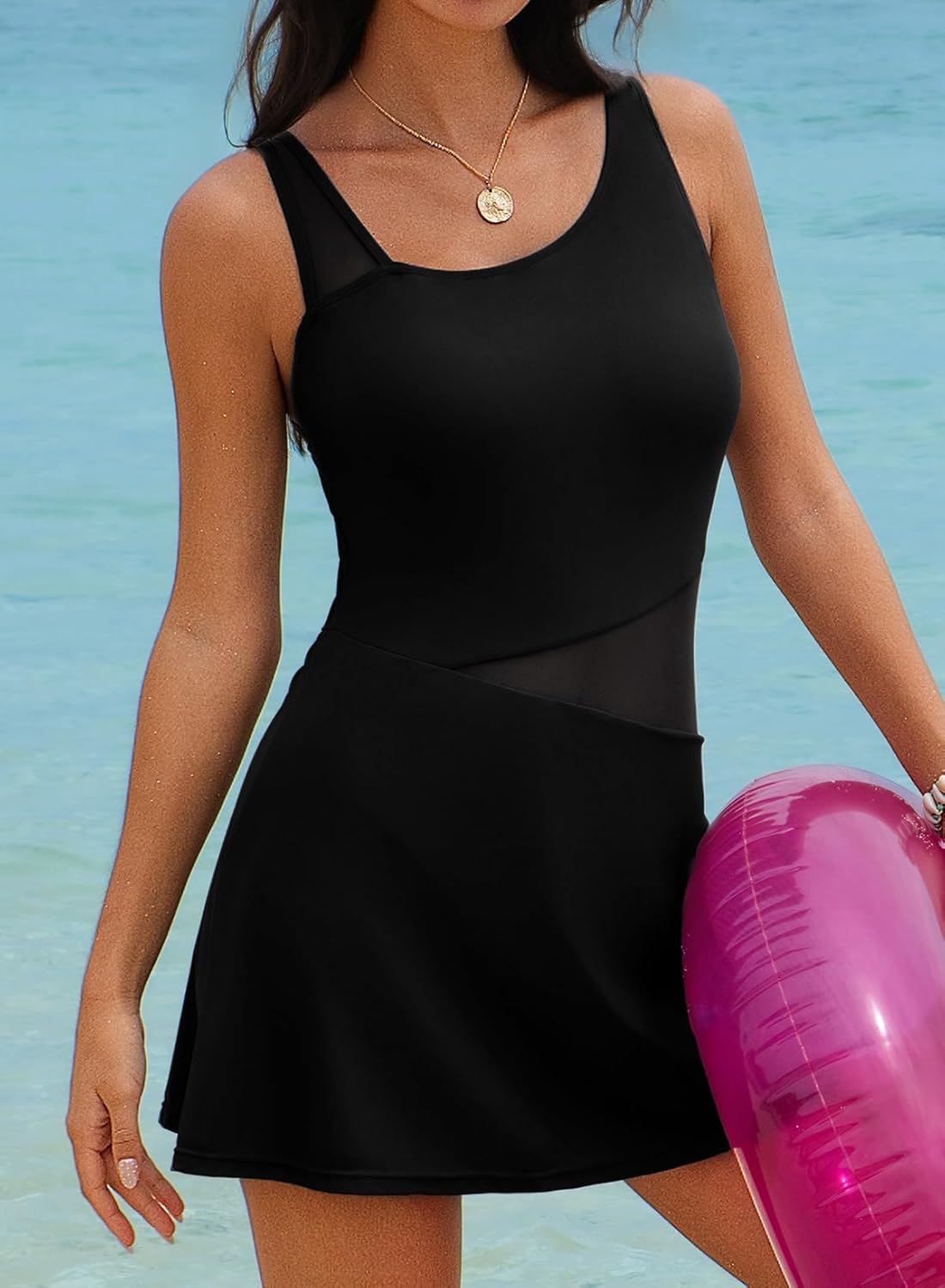 Aleumdr Women's One Piece Swim Dress Tummy Control Swimsuits Modest Full Coverage Mesh Bathing Suits with Skirt - Image 5