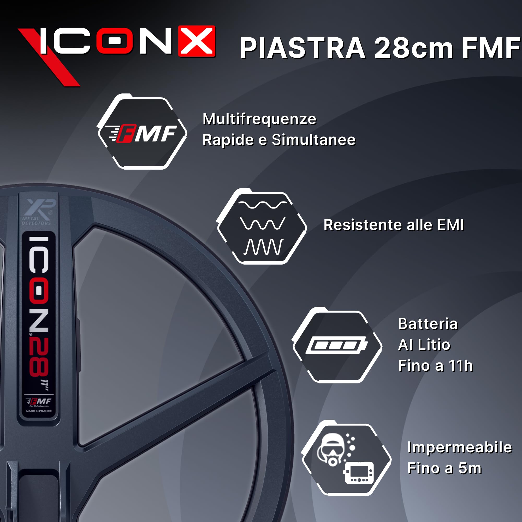 XP Metal Detectors ICONX – Potente, Semplice, Versatile, Metal Detector Senza Fili Multifrequenza, Impermeabile, Piastra FMF 28 cm, Ultra Leggero, Compatibile DEUS II (ICONX-28FMFRC)