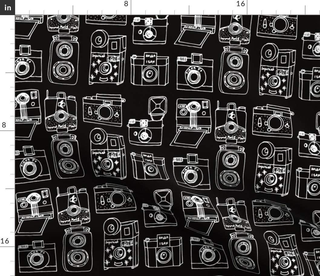 Spoonflower Fabric - Vintage Black White Drawn Camera Illustration Retro Photography Printed on Petal Signature Cotton Fabric by The Yard - Sewing Quilting Apparel Crafts Decor