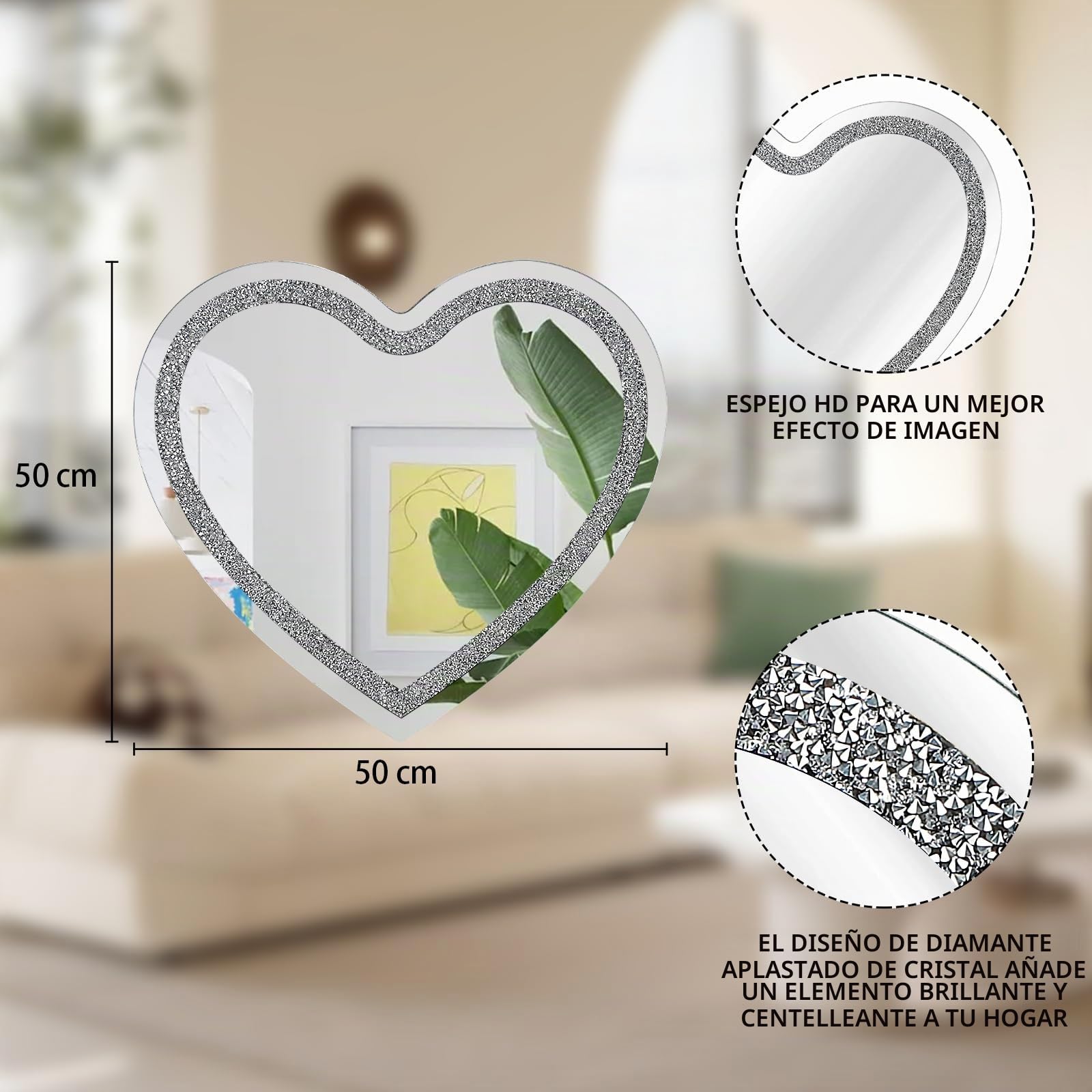 Espejo de pared de cristal plateado con Bling sin marco espejos para pared de diamante decorativos para casa, dormitorio, baño, entrada, pasillo, espejo para colgar 50 x 50 cm