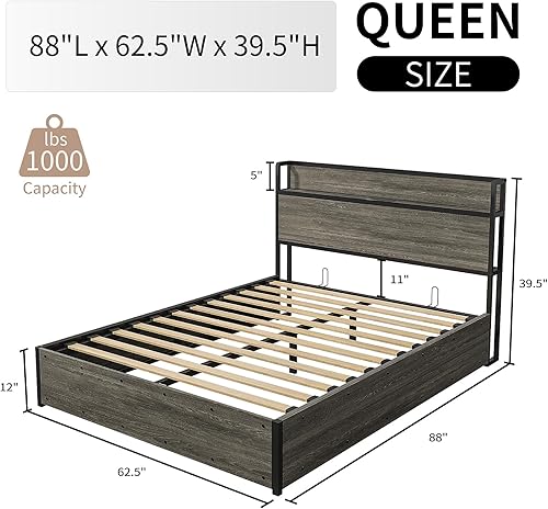 Miniatura 33 de Cama de almacenamiento elevable de tamaño matrimonial, marco de cama de plataforma de madera con cabecera de almacenamiento y estación de carga, no