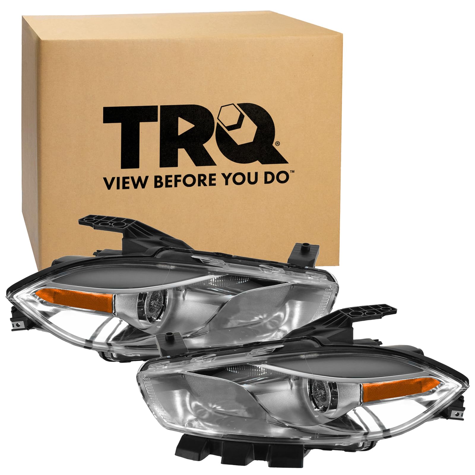 TRQ 2 Piece Headlight Assembly Set Chrome Bezel Driver &amp; Passenger Side Compatible with Dodge Dart 2013-2016 CH2518143 CH2519143 68081388AE 68081388AL 68081389AE 68081389AL