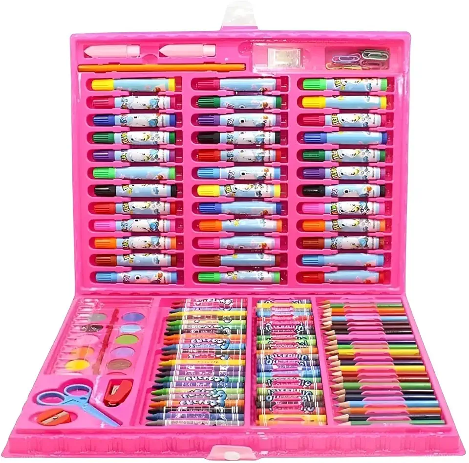 Maleta Escolar de Pintura Completa Estojo com Canetinhas Giz de Cera e Acessórios